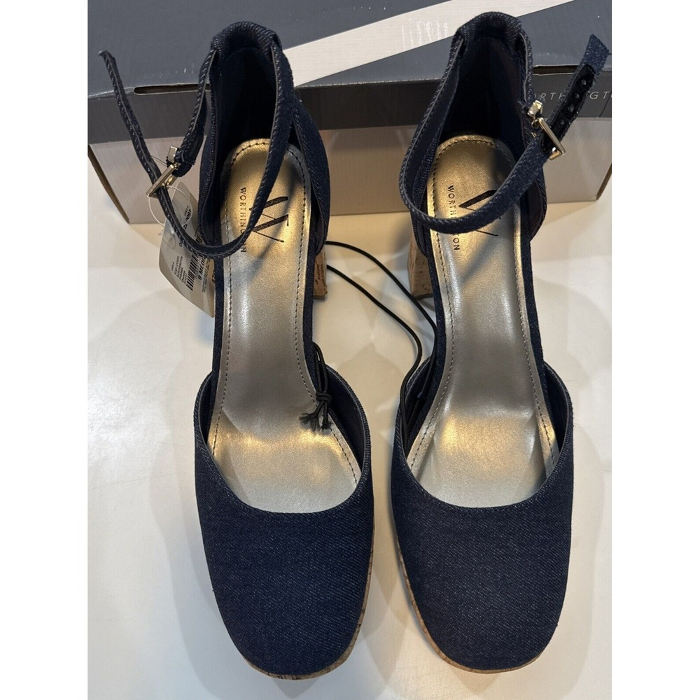 Worthington Panama Heels Women 9 Blue New Denim Cork Platform Ankle Strap